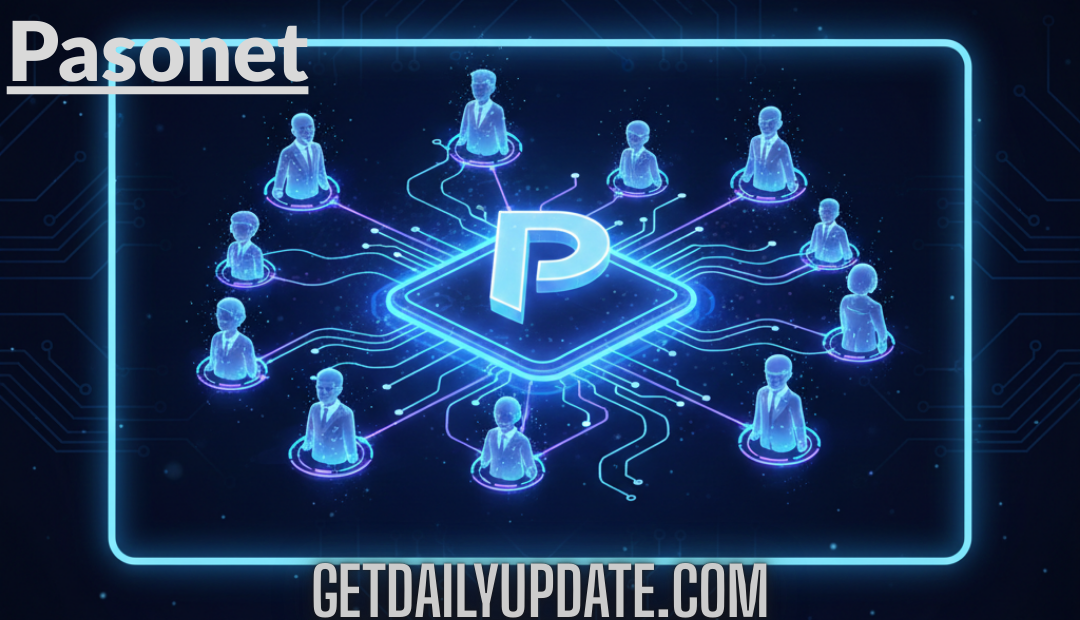 A futuristic holographic network visualization of Pasonet showing a glowing 'P' logo connecting various professional avatars via AI-powered digital lines.