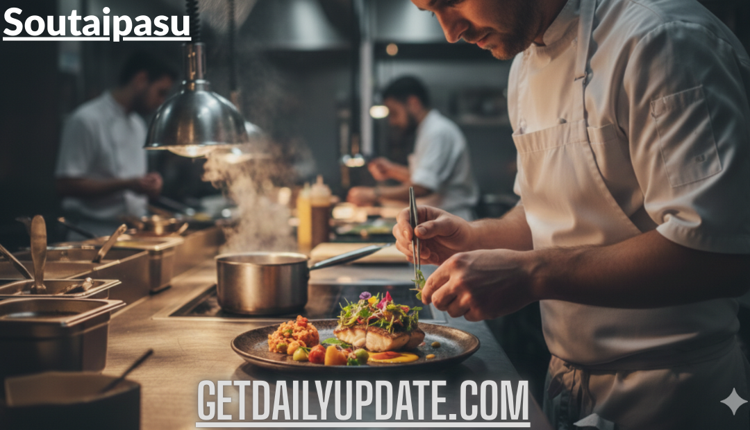 "Professional chef in a white apron carefully plating a gourmet Soutaipasu fish dish in a modern restaurant kitchen.
