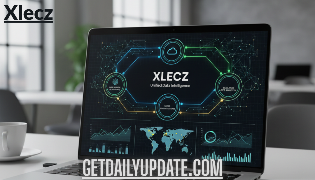alt: Xlecz concept visualized as a unified data dashboard on a laptop screen showing AI and cloud analytics.