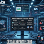 A high-tech digital dashboard displaying an analysis of the Anonib Azn platform, including its features, user demographics, and risk assessment metrics.