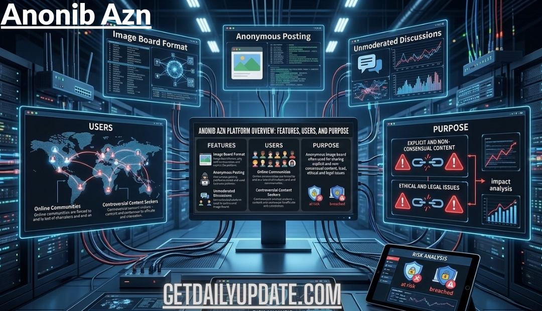 A high-tech digital dashboard displaying an analysis of the Anonib Azn platform, including its features, user demographics, and risk assessment metrics.