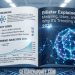 An open digital book on a high-tech pedestal showing "Bilieter Explained: Meaning, Uses, and Why It’s Trending in 2026" with network diagrams and data charts.