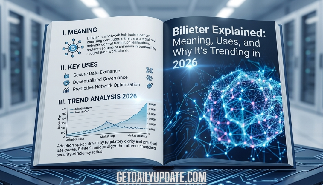 An open digital book on a high-tech pedestal showing "Bilieter Explained: Meaning, Uses, and Why It’s Trending in 2026" with network diagrams and data charts.