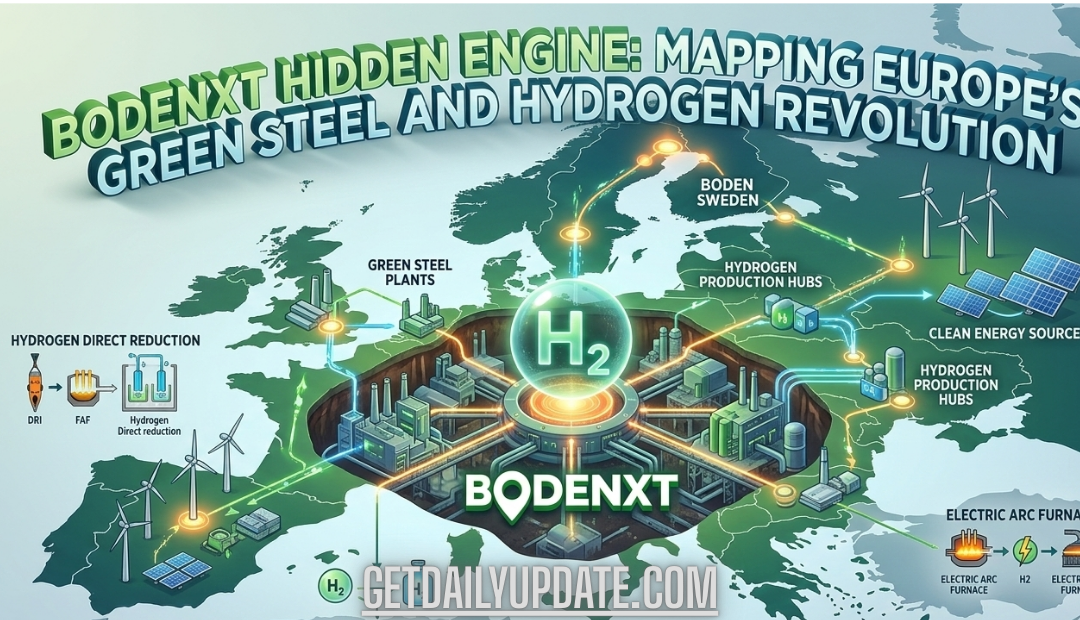 A detailed 3D infographic map of Europe titled 'BodenXT Hidden Engine', showing the integration of hydrogen production hubs, wind and solar energy sources, and green steel plants across the continent.