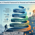 An infographic illustrating the Cñims framework as an ascending spiral, showing layers from sustained development to cognitive agility, with a person climbing toward a sunlit mountain peak.