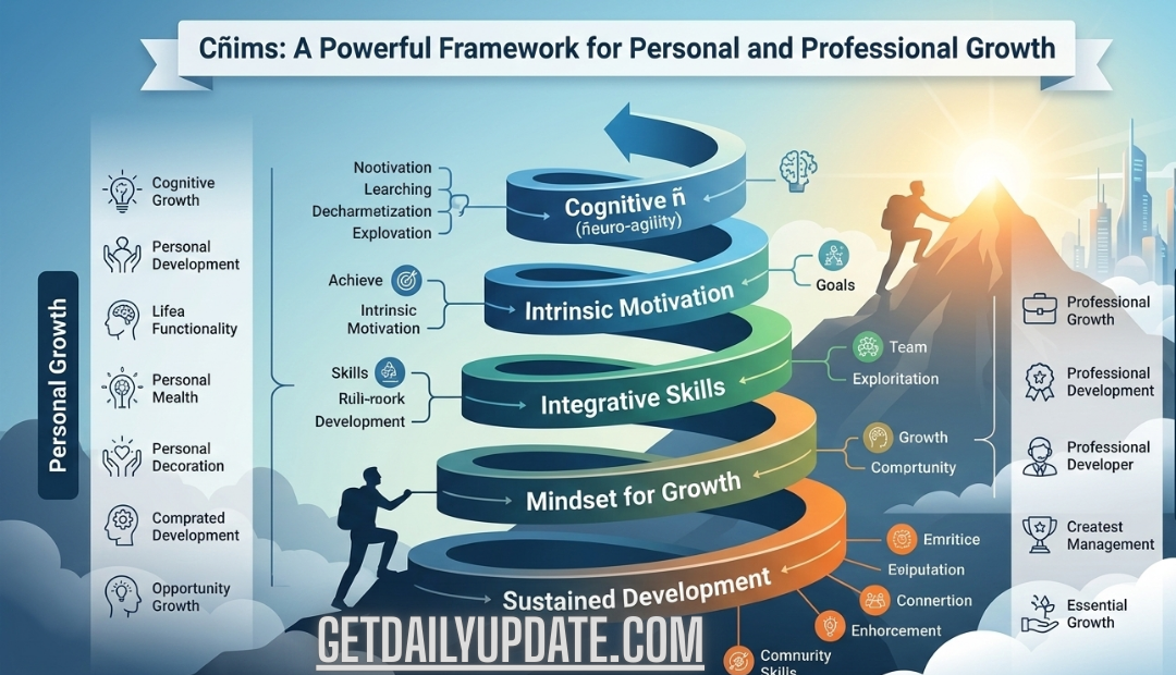 An infographic illustrating the Cñims framework as an ascending spiral, showing layers from sustained development to cognitive agility, with a person climbing toward a sunlit mountain peak.