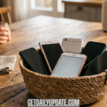 A woven basket filled with several smartphones sitting on a rustic wooden kitchen island to encourage a phone-free meal.