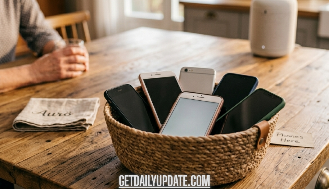 A woven basket filled with several smartphones sitting on a rustic wooden kitchen island to encourage a phone-free meal.