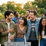 A diverse group of young adult friends laughing and talking together while walking through a sunny park.