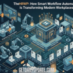 An intricate isometric illustration showing diverse workers in a futuristically integrated workspace, connected to a central digital talent and process hub with automated systems and analytical dashboards.