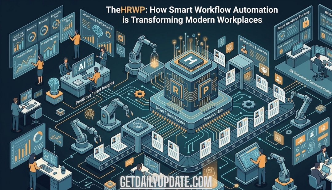 An intricate isometric illustration showing diverse workers in a futuristically integrated workspace, connected to a central digital talent and process hub with automated systems and analytical dashboards.
