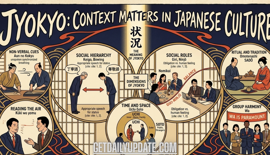 A detailed infographic explaining "Jyokyo" (context) in Japanese culture, featuring sections on social hierarchy, reading the air, group harmony, and the uchi-soto (inner-outer) social circles.