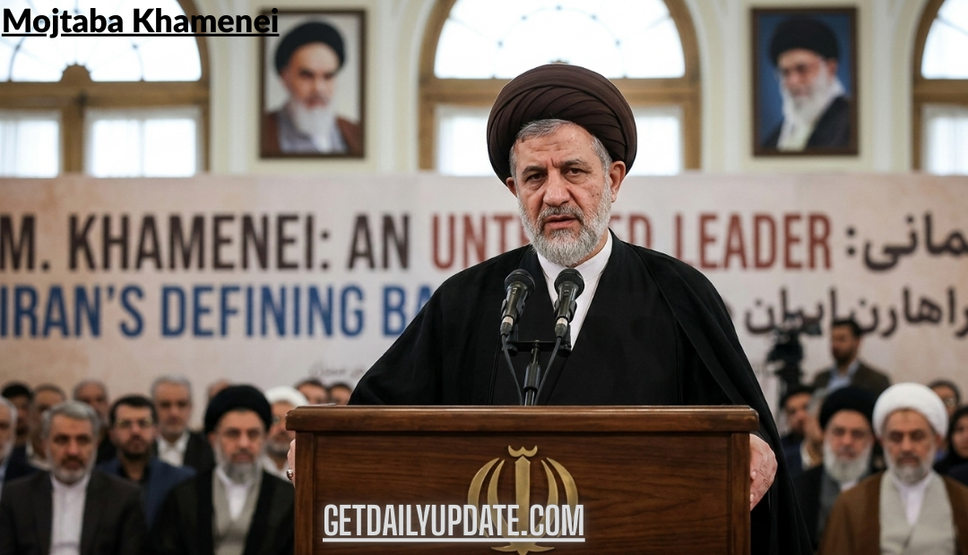 A portrait-style image of Mojtaba Khamenei standing behind a wooden podium with the Iranian emblem, addressing an audience of officials. Banners with English and Persian text and portraits of previous leaders are visible in the background.