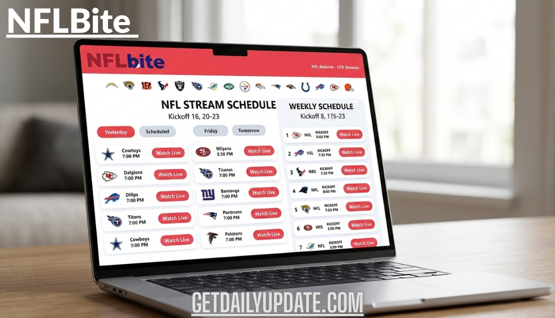 A laptop computer displaying the NFLBite website interface featuring a schedule of live NFL games and "Watch Live" buttons.