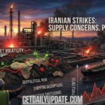 An infographic showing an oil refinery under strike, a global map with volatile price trends, and a line graph showing a sharp spike in WTI oil prices following a strike impact.