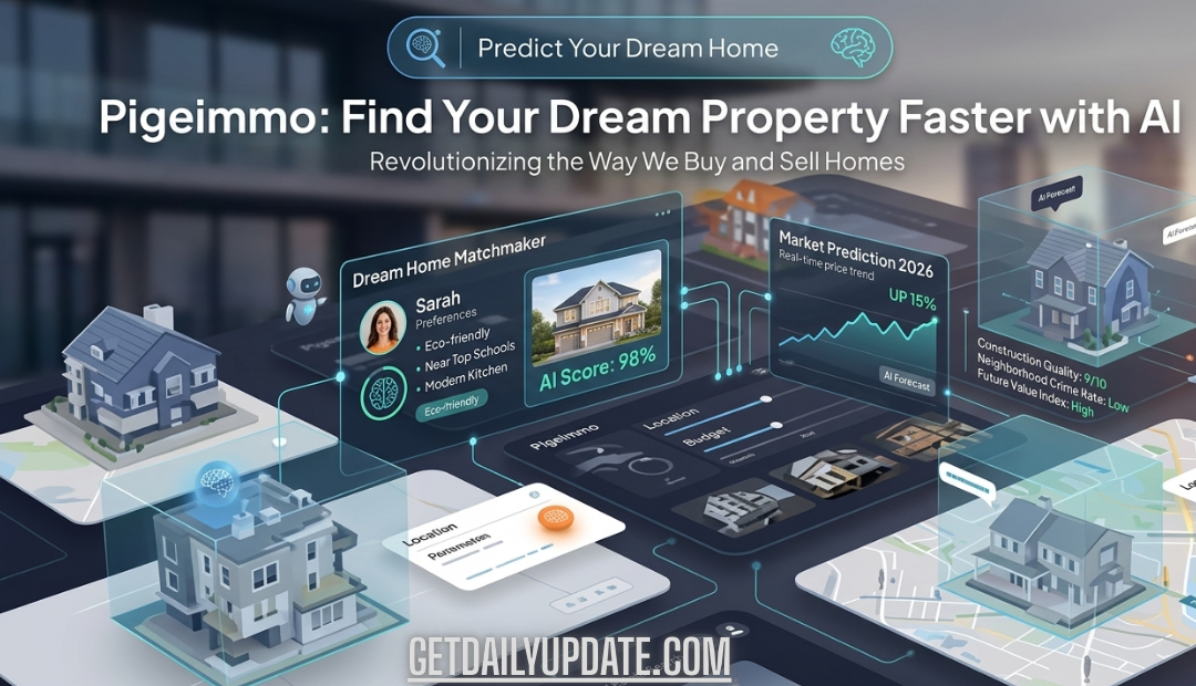 A high-tech digital interface showing 3D house models with AI data overlays, market predictions, and property match scores on the Pigeimmo platform.