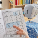 A person's finger pointing to a Nahttypen stitch chart in an open sewing machine manual next to a modern Brother sewing machine