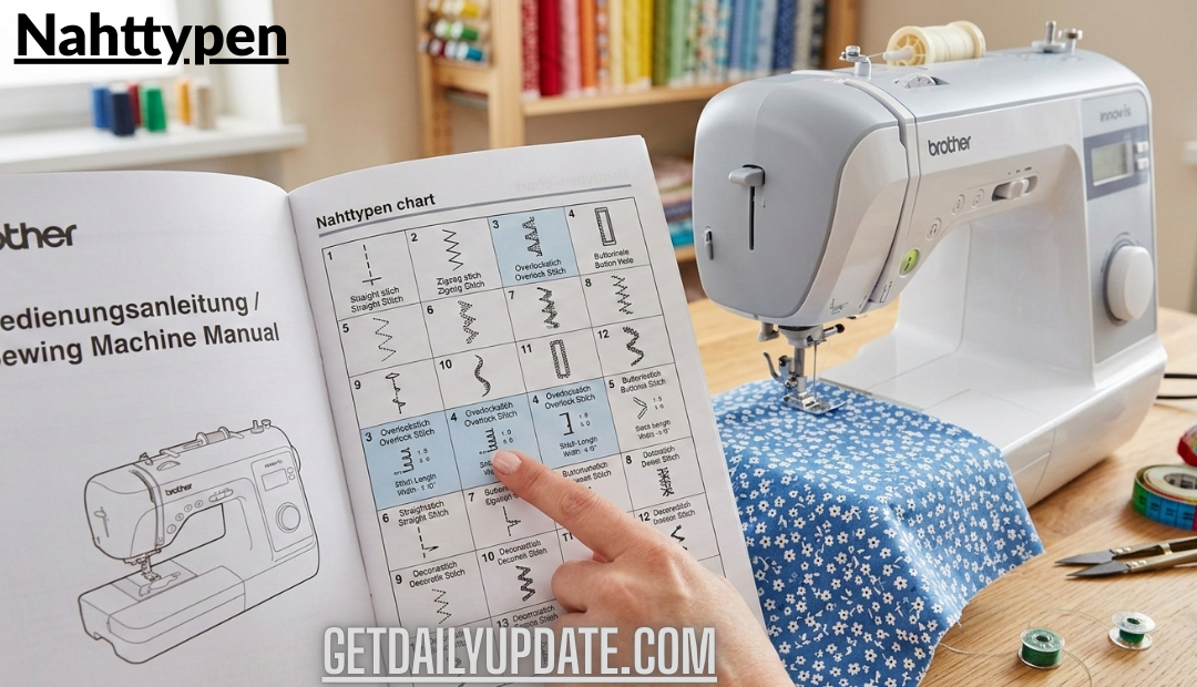 A person's finger pointing to a Nahttypen stitch chart in an open sewing machine manual next to a modern Brother sewing machine