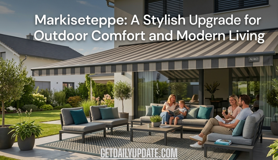 A family relaxing on modern grey patio furniture under a striped awning, featuring a stylish patterned outdoor rug (Markiseteppe) on a tiled terrace.
