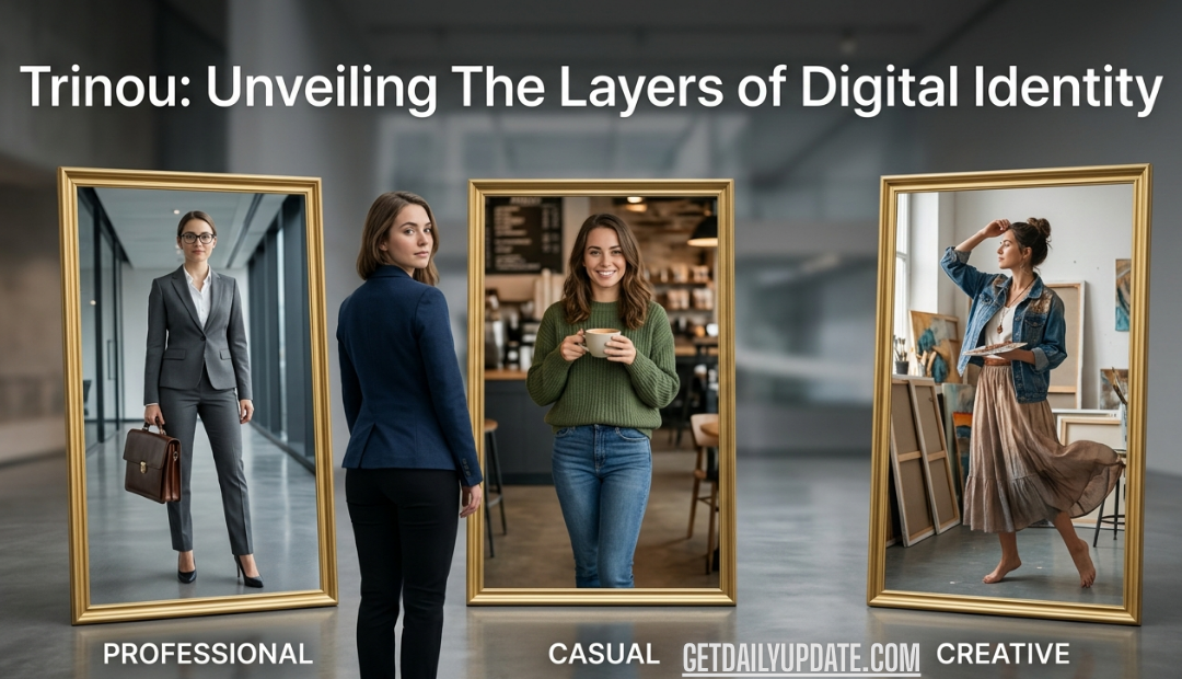 A woman standing in front of three gold-framed mirrors showing her professional, casual, and creative digital personas.