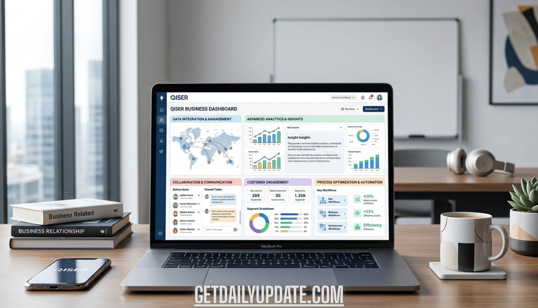 What is Qiser - all-in-one business dashboard view showing data analytics and process automation on a laptop screen