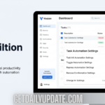 A professional productivity dashboard for Voozon showing task automation settings, performance analytics, and a calendar view on a desktop monitor.