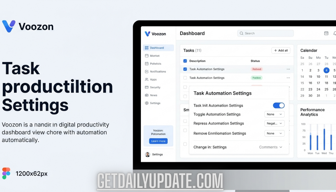 A professional productivity dashboard for Voozon showing task automation settings, performance analytics, and a calendar view on a desktop monitor.